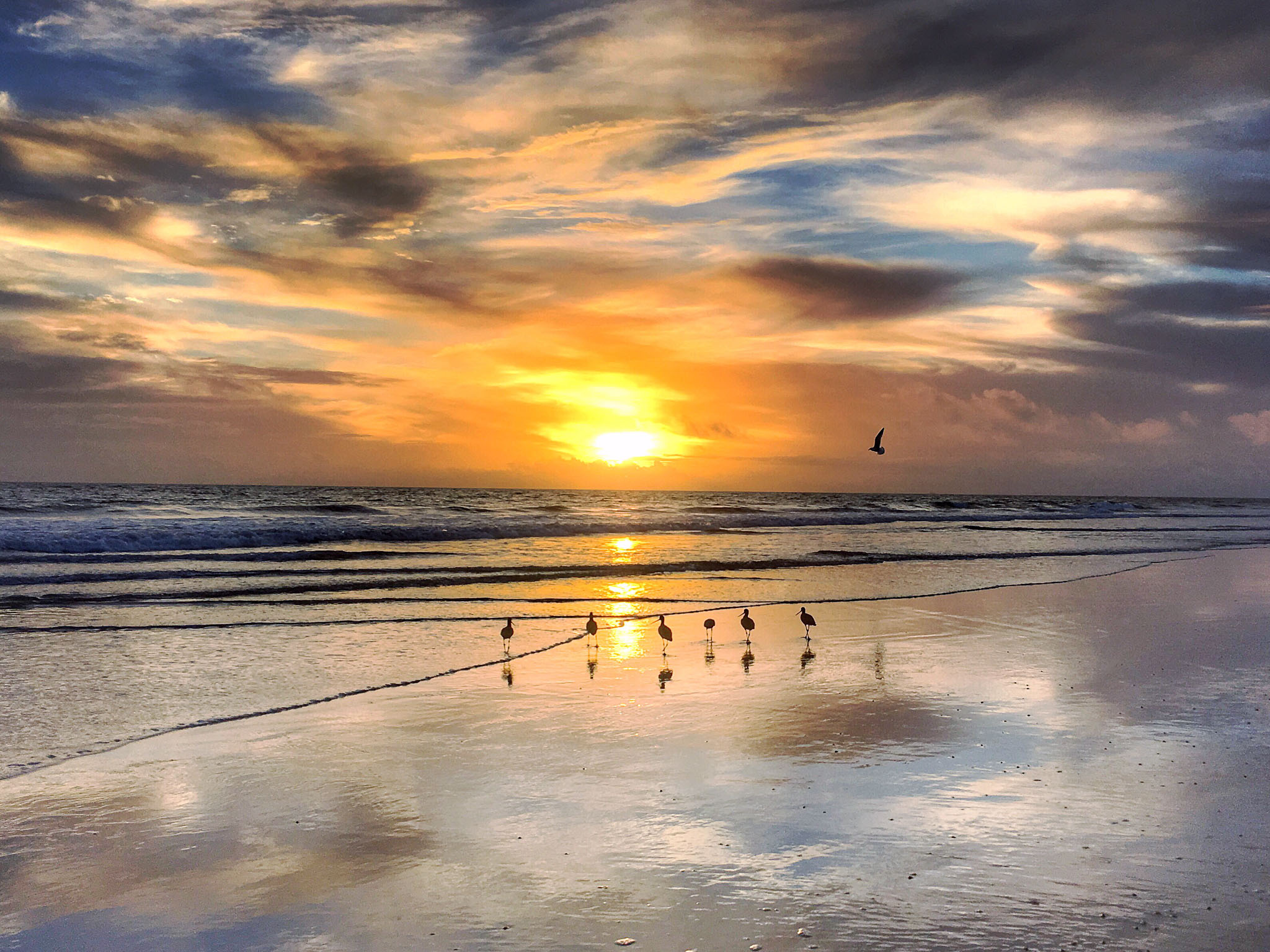 Photo Taken in 2016 - sunrise beach scene with horizon slightly skewed, crop that would have benefited from rule of third crop, over edited sky